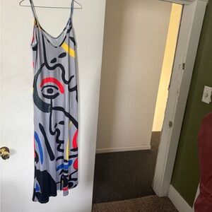 SHEIN Gray Maxi Slip Dress with Multicolor Abstract Print